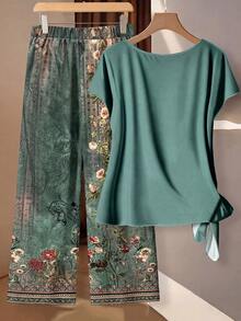 SHEIN Clasi 女款純色圓領短袖側結上衣與花卉印花長褲休閒兩件套 - 綠色 - 查看 2