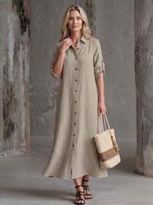 Faunlyn Women's Mid-Length Single-Breasted Short Sleeve Shirt Dress - Khaki - View 7