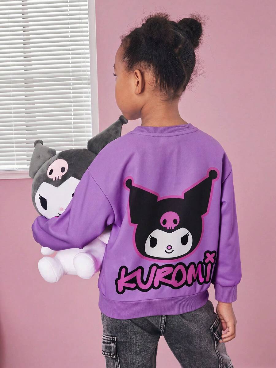 HELLO KITTY AND FRIENDS | SHEIN 年轻女孩卡通黑米字母印花紫色可爱休闲套头运动衫,春/秋 - 紫丁香色 - 查看 1