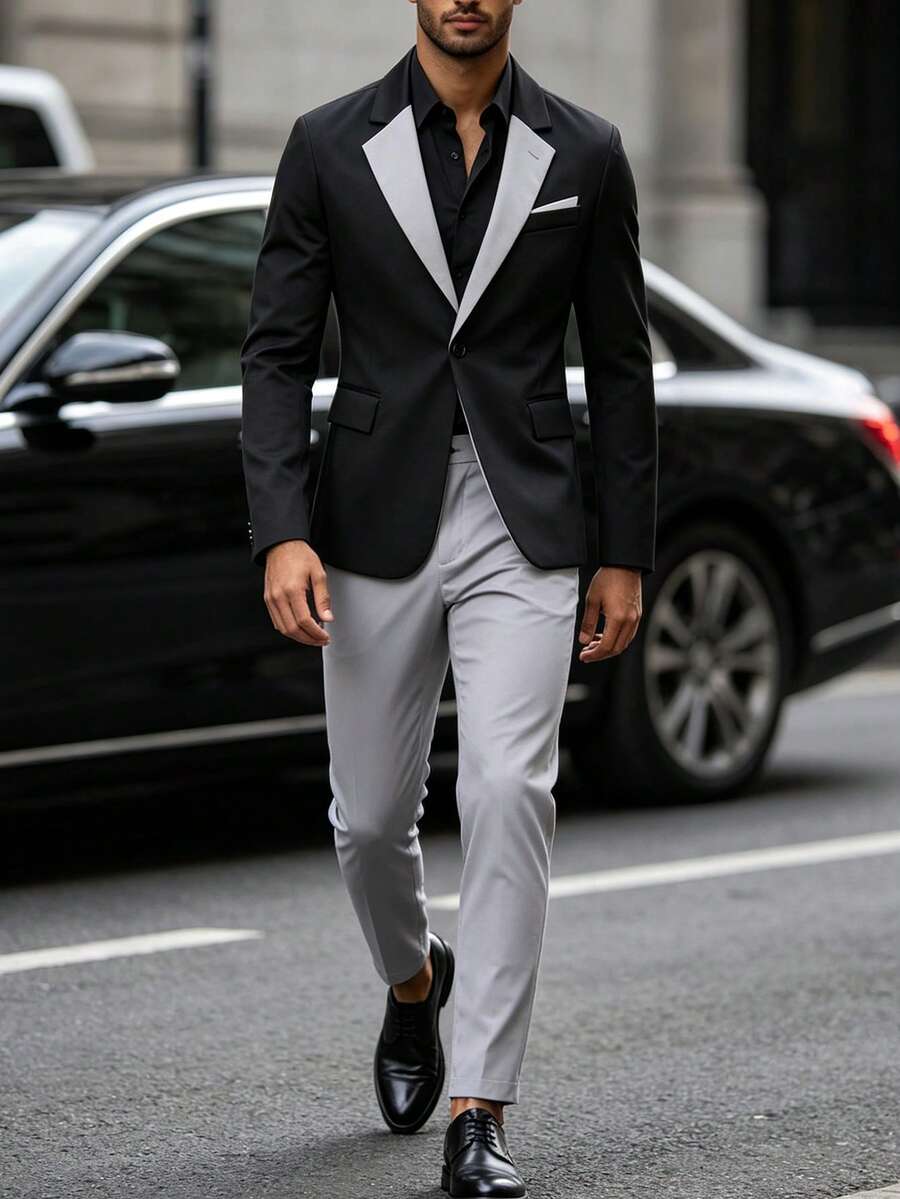 Manfinity Mode Men's Notch Lapel Grey & Black Colorblock Mature Casual Business Suit - Multicolor - View 1