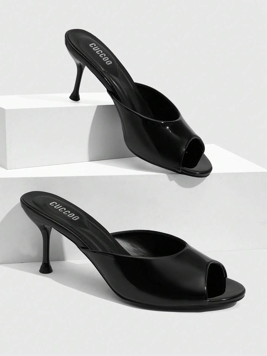 CUCCOO SZL Women's High-Heeled Mules Shoes, Round-Toed Open-Toed High Heels, Slip-On Heelless Mules Sandals, Commuting, Dress Shoes - Black - View 1