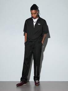Modcrash Mens Colorblock Polo Shirt And Pants Set, Short Sleeve Half Zip Top With Long Zipper Pants For Spring Summer - Black - View 3