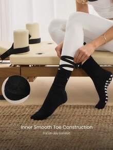 GLOWMODE 1-Pair Cotton Blend Stay Centered Lace-Up Pilates Grip Socks With Anti-Slip Grips & Heel & Toe Cushion Daily Active Studio Wear - Black - View 4