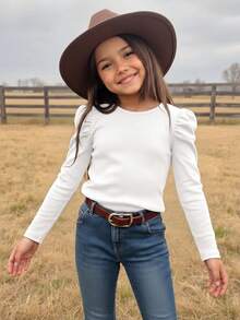 Emery Rose Kids Emery Rose Kids 青少年女孩純色百搭花瓣袖休閒T恤，適合日常穿著 - 白色 - 查看 3