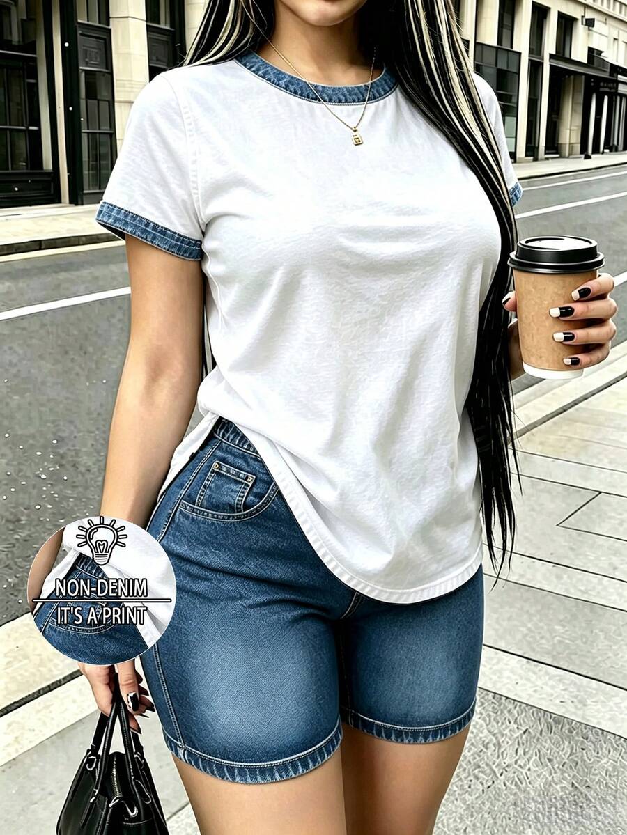 Rovax 女款對比飾邊短袖上衣與短褲休閒日常兩件套 - 彩色 - 查看 1