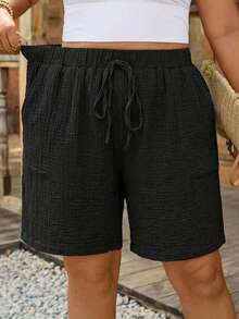 Comfylo Plus Size Textured Solid Color Drawstring Waist Pocket Shorts For Vacation Bussines Vacation Carribean Black Summer Casual - Black - View 6