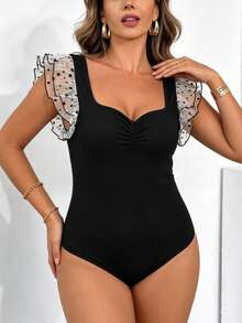 SHEIN Clasi Plus Size Women Solid Color Ruffled Collar Mesh Overlay Cap Sleeve Elegant Bodysuit, Beach Outfits - Black - View 3