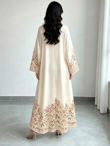 SHEIN Najma 女款米色花卉植物印花時尚V領長袖優雅阿拉伯風洋裝，春/秋度假旅行洋裝 - 彩色 - 查看 2