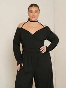 Lele Munniz Plus Size Frilya Women Solid Color Off-Shoulder Ruched Wide Leg Jumpsuit - Black - View 3