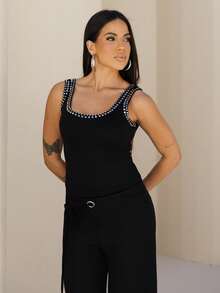 Maju Mazalli Women's Fashion U-Neck Rivet Decor Camisole Top, Summer Casual Black - Black - View 1