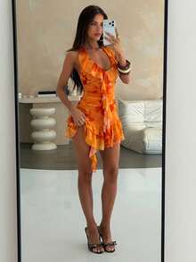 Aloruh 女款優雅性感印花針織洋裝 不對稱迷你洋裝 Y2K 音樂節 度假 派對 沙灘 - 橘色 - 查看 7