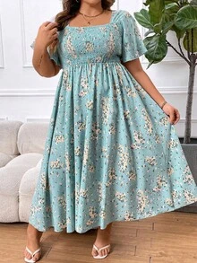 SHEIN CURVE+ Plus Size Floral Print Empire Waist Long Dress, For Summer - Blue - View 7