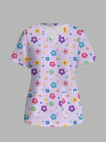 PopScrub Fun Floral Print Purple Casual Minimalist Scrub Uniform Top - Multicolor - View 1