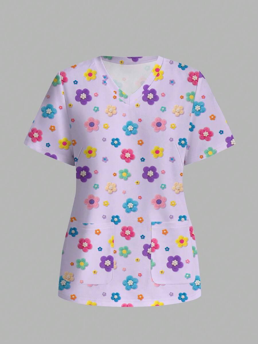 PopScrub Fun Floral Print Purple Casual Minimalist Scrub Uniform Top - Multicolor - View 1