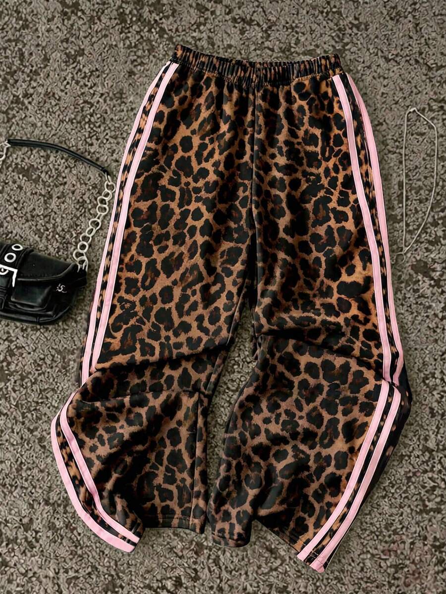 SHEIN 青少年女孩豹紋拼接休閒日常穿著長褲 - 彩色 - 查看 1