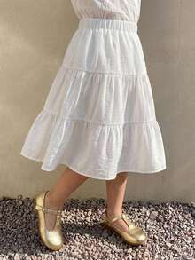 DAZY Young Girl A-Line Loose Elastic Waist Ruffle Hem Skirt - White - View 7