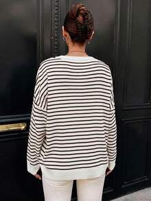 SHEIN Cottnline Women's Striped Drop Shoulder Sweater - Brown - View 2