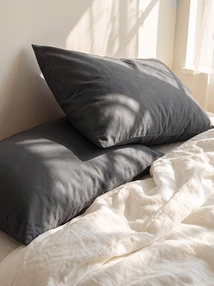 2pcs 100% Cotton Pillowcases, Natural Texture, Soft Touch, Envelope Closure, Suitable For Bedroom, Bedding - Dark Grey - View 1