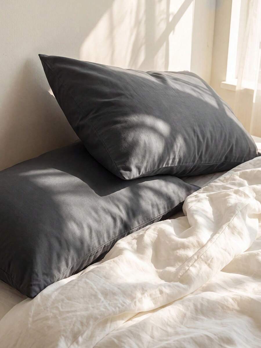 2pcs 100% Cotton Pillowcases, Natural Texture, Soft Touch, Envelope Closure, Suitable For Bedroom, Bedding - Dark Grey - View 1