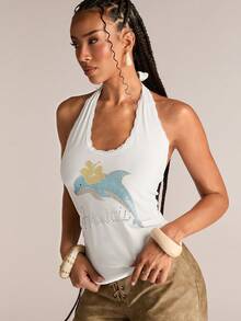 ACID BLVD Tank Top Wanita Kasual Santai dengan Motif Lumba-lumba Lucu dan Hiasan Berlian Imitasi, Cocok untuk Liburan di Pulau & Pemakaian Sehari-hari - Putih - View 5