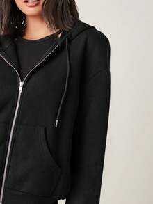 SHEIN BASICS Cozy Fleece Drop Shoulder Zipper Up Hooded Sweatshirt,Long Sleeve Tops In Fall Winter Clothes - Black - View 8