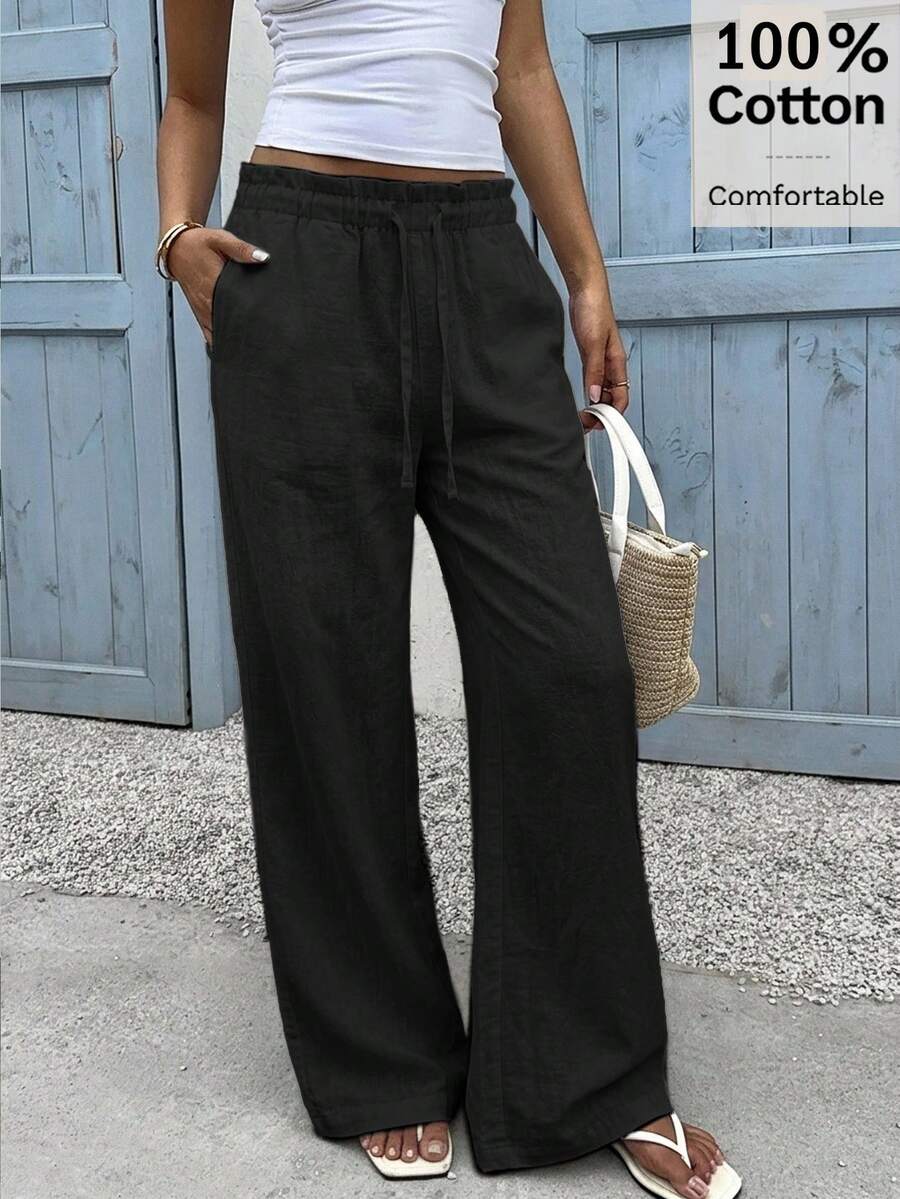 SHEIN EZwear 休閒極簡寬腿長褲 - 黑色 - 查看 1