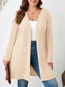 SHEIN LUNE Plus Size Plain Color Ribbed Knit Cardigan For Spring And Autumn Winter Clothes Fall - Apricot - View 1
