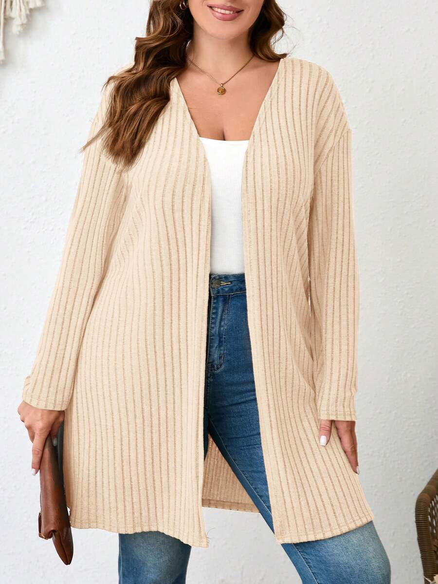 SHEIN LUNE Plus Size Plain Color Ribbed Knit Cardigan For Spring And Autumn Winter Clothes Fall - Apricot - View 1