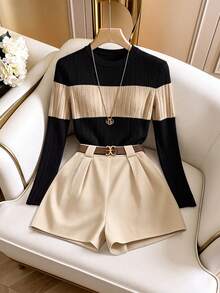 Selianne Autumn/Winter New 2-Piece Set, Women's Contrast Color Elegant Round Neck Short Sleeve Casual Long Sleeve Knit T-Shirt + Khaki Shorts Women's 2-Piece Set, Women's Outwear, Women's Commute Outfit, Women's Office Wear, Women's Casual Set, Black Set, Women's Elegant Set, Autumn/Winter 2-Piece Set, Autumn Top, Black Top - Black - View 6