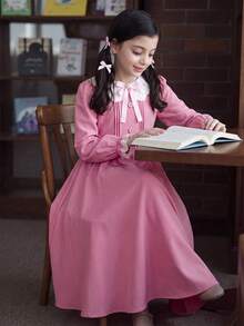 SHEIN Tween Girls Tween Girl Lace Pink Bow Cute Dress, Autumn/Winter/All Season Wear, Primary School, Middle School - Pink - View 4