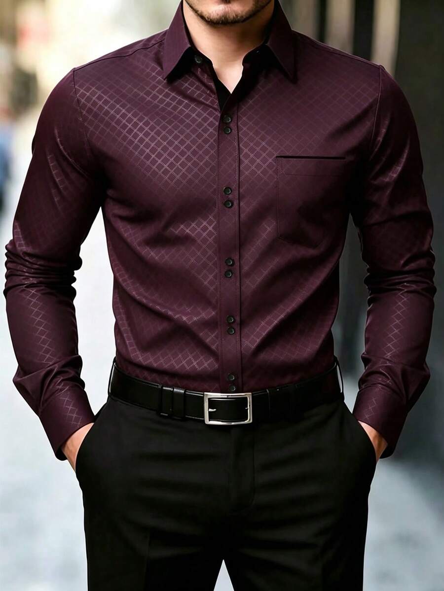 Manfinity Mode قميص رجالي مخطط بصف واحد من الأزرار للسفر والأعمال بأكمام طويلة - الأحمر - مشاهدة 1