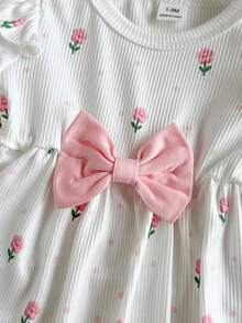 SHEIN Newborn Spring/Autumn Brown Heart Print Top With Bow Knot Decor Pure Black Long Pants  2-Piece Set Suitable For Outings, Sports, Christmas Parties - Pink - View 5