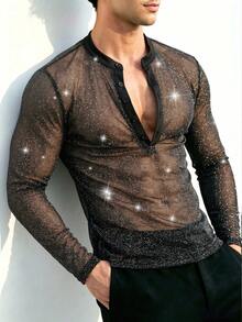 ZURIURI Men's Sheer Slim Fit Shiny Button Half Placket T-Shirt - Black - View 8