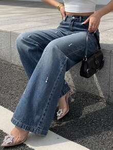 DAZY Women's High Waist Wide Leg Washed Rhinestone Thermal Lined Denim Jeans Casual Style Winter Fall - Dark Wash - View 2