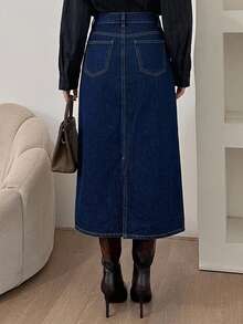 DAZY Autumn/Winter Straight Mid-Length Dark Blue Washed Commuter Style Women's Denim Skirt - Blue - View 2