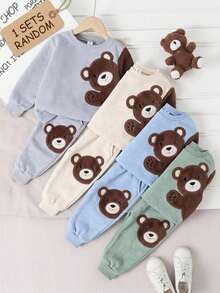 SHEIN Baby Boy Colorblock Patchwork Printed Bear Crew Neck Pullover Sweatshirt - Grey - View 2