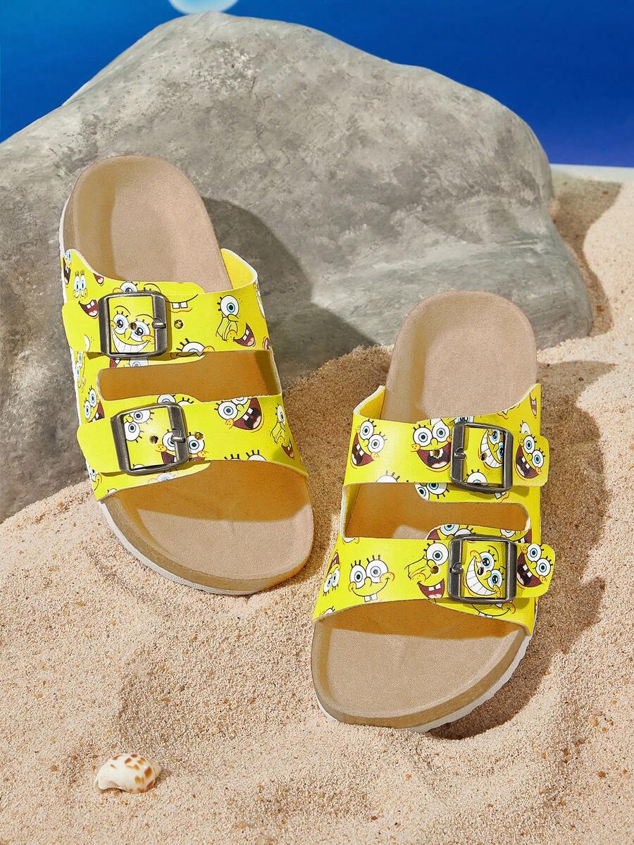 SpongeBob SquarePants | SHEIN 女童卡通黃色印花休閒涼鞋,可調節扣環露趾涼鞋,夏季平底鞋,兒童休閒沙灘與居家日常拖鞋 - 黃色 - 查看 1