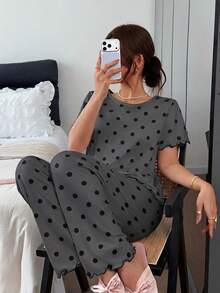 Napfluff 女款圓點印花休閒圓領短袖睡衣套裝 - 深灰色 - 查看 1