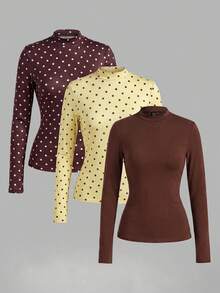 SHEIN Clasi 女款秋冬休閒復古白色波點、棕色波點、棕色印花與素色T恤3件組，適合校園與居家 - 彩色 - 查看 9
