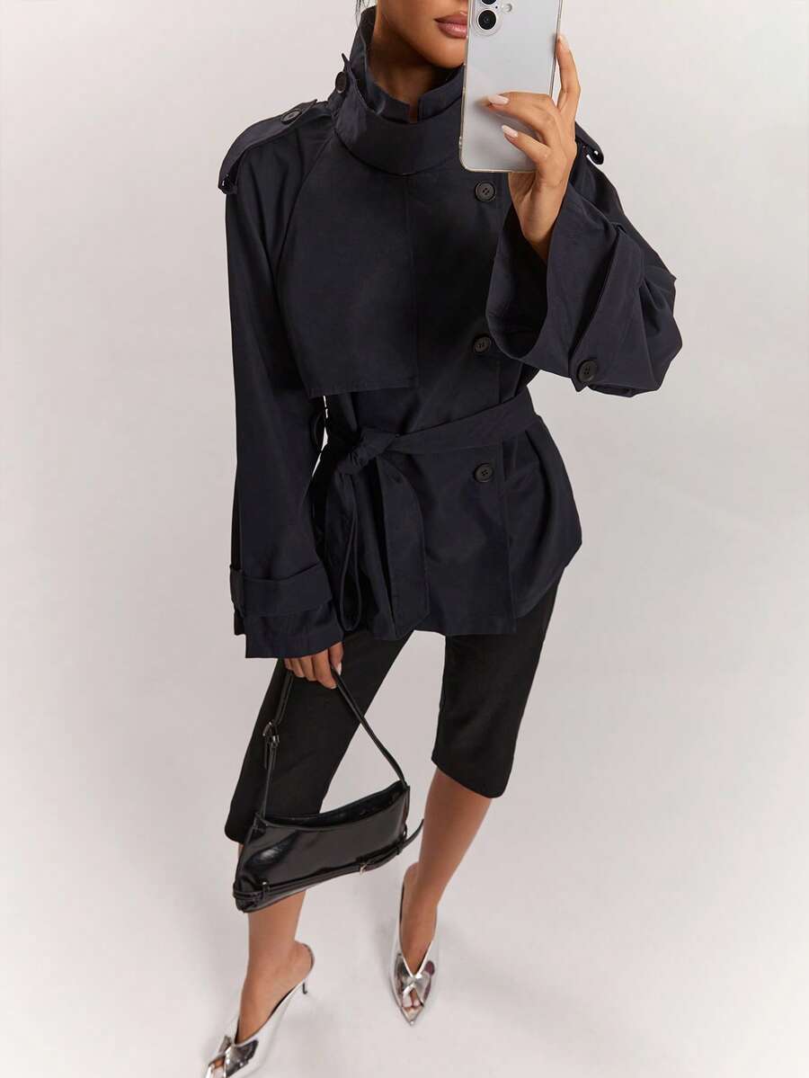 SHEIN BAE Jaket Wanita Serbaguna dengan Sabuk, Model Regular untuk Musim Gugur - Navy Blue - View 1