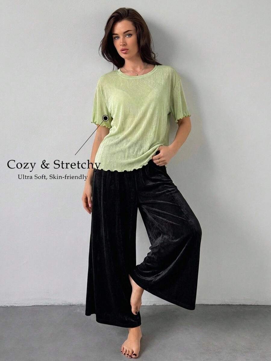 DAZY 2件組女款夏季居家服套裝,寬鬆純色亮面短袖T恤與直筒長款睡褲 - 綠色 - 查看 1