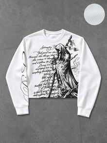 ROMWE MEN Men's Waffle Fabric Gothic Cross Print Pullover Sweatshirt, Suitable For Daily Wear In Autumn/Winter - White - View 1