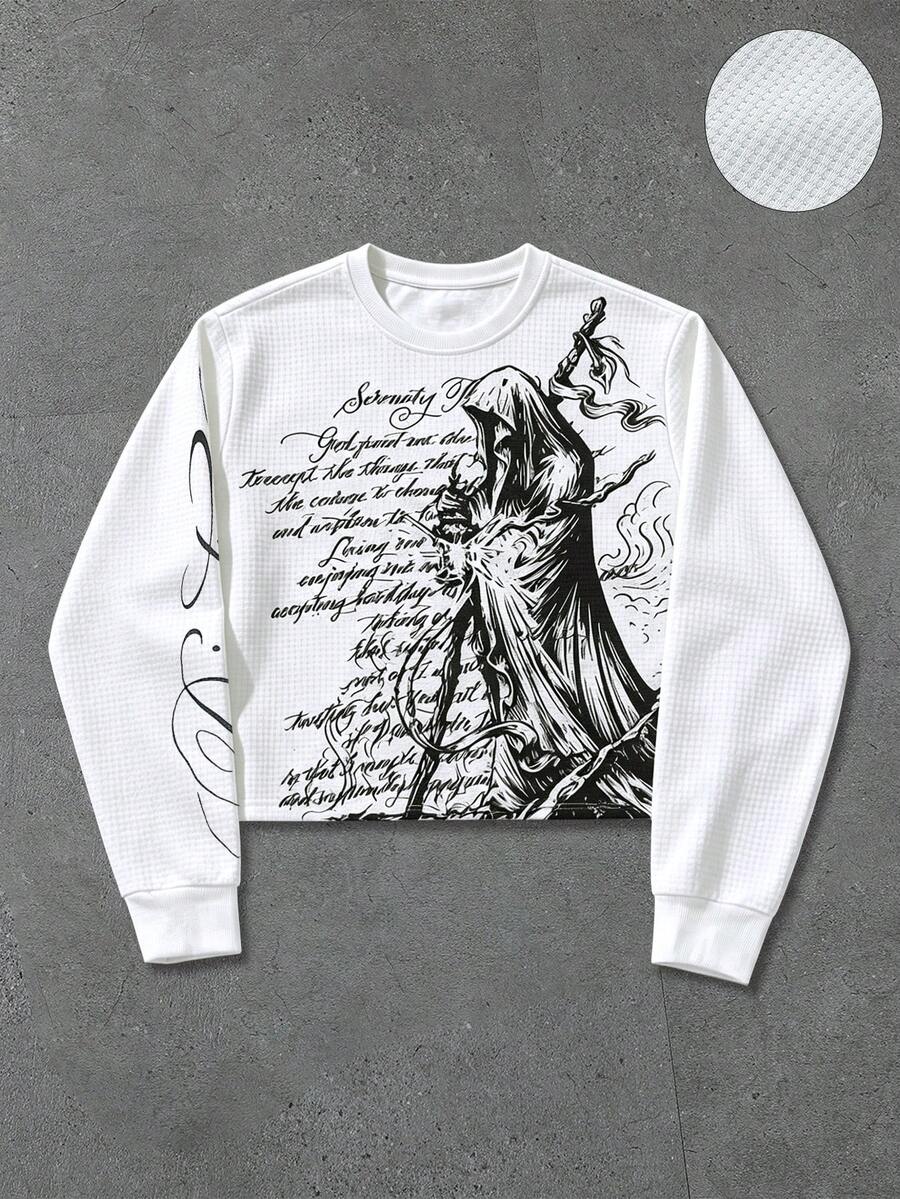 ROMWE MEN Men's Waffle Fabric Gothic Cross Print Pullover Sweatshirt, Suitable For Daily Wear In Autumn/Winter - White - View 1