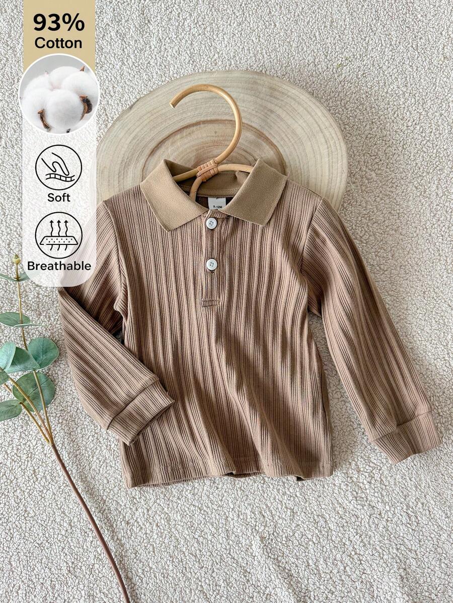 SHEIN 男嬰春秋休閒極簡純白色長袖鈕扣領 Polo 衫 - 棕色 - 查看 1