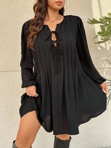 SHEIN Frenchy 大码纯色系带长袖休闲短款连衣裙 - 黑色 - 查看 7
