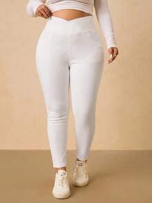 SHEIN Tall CURVE 大尺碼休閒百搭純色修身牛仔褲 秋季 - 白色 - 查看 6