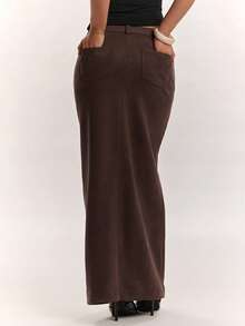 SHEIN BAE Autumn/Winter Commute Suede Low Waist Extra Long Skirt - Brown - View 2