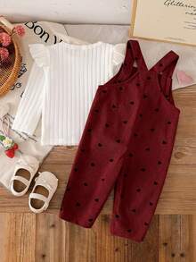 SHEIN Vintaside Kids 女嬰燈芯絨吊帶褲套裝，秋冬加厚保暖愛心刺繡吊帶褲 + 保暖刷毛針織內搭層，2件套，新款可愛女嬰服飾 - 酒紅色 - 查看 2