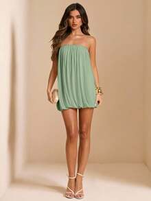 SHEIN BAE Spring/Summer Solid Apricot Strapless Mesh Puff Mini Dress, Elegant Sexy Ruched Mini Dress - Mint Green - View 4