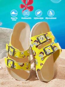 SpongeBob SquarePants | SHEIN 女童卡通黃色印花休閒涼鞋，可調節扣環露趾涼鞋，夏季平底鞋，兒童休閒沙灘與居家日常拖鞋 - 黃色 - 查看 2